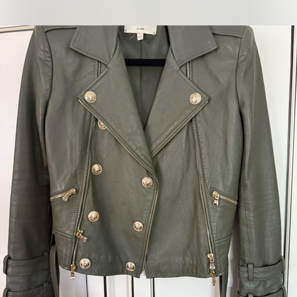 L'AGENCE Green Leather Jacket Military Inspired